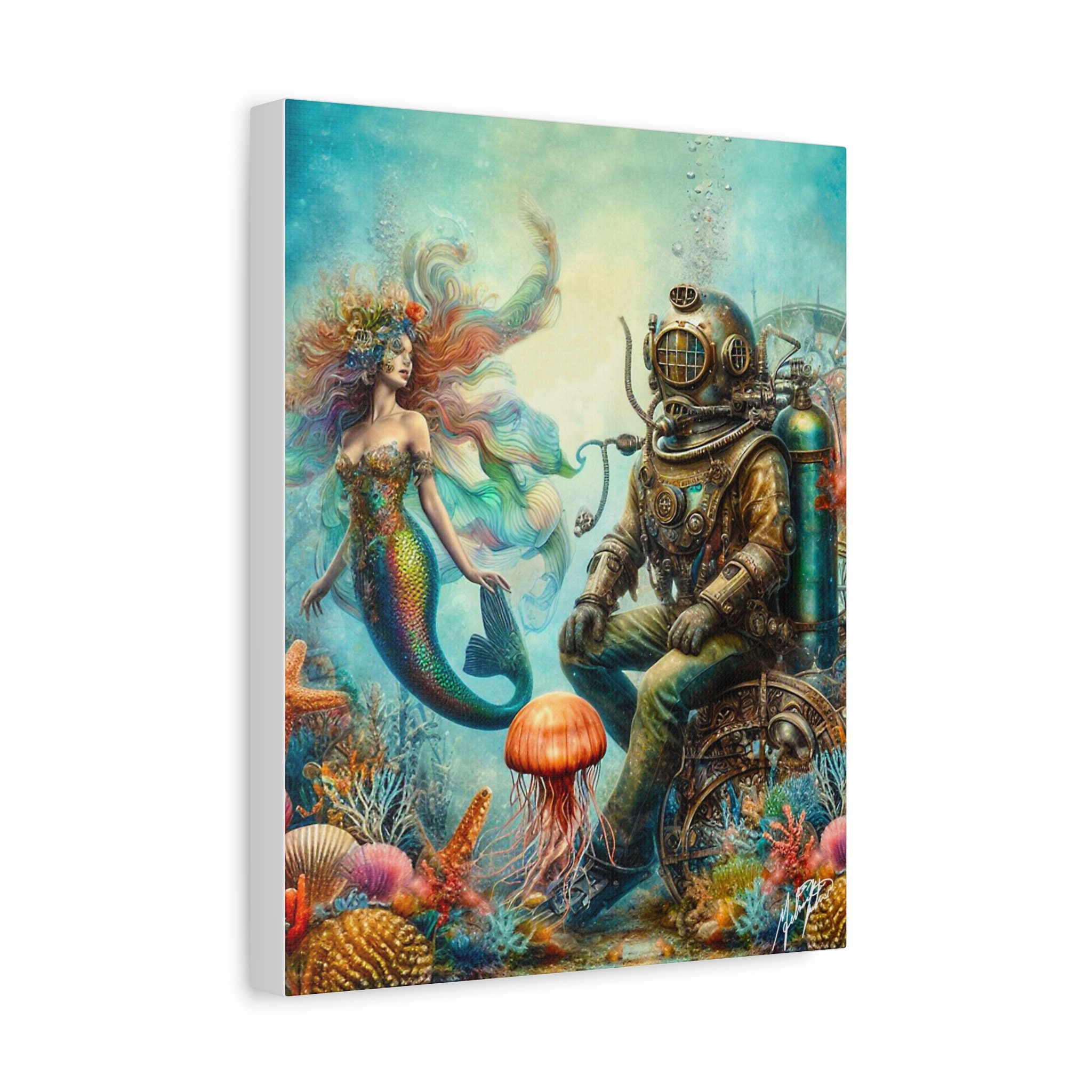 Scuba diver in awe with a Mermaid - Matte Canvas, Stretched, 1.25"