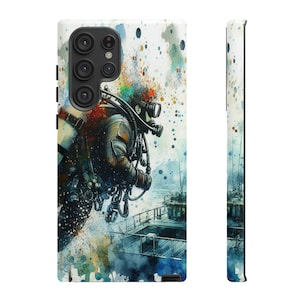 Buzo tecnológico que explora las profundidades de un buque de guerra hundido. Estuches resistentes para los dispositivos Apple iPhone, Samsung Galaxy y Google Pixel.