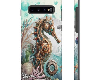 Mechanical seahorse gracefully swimming through a sea of flowing bubbles phone Case for Apple iPhone, Samsung Galaxy, & Google Pixel devices