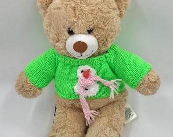 Teddy Bear Jumper in bright green with a snowman motif to fit Build a Bear or 15 to 18 inch Bear
