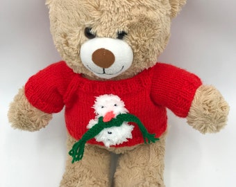Teddy Bear Jumper knitted in bright red acrylic wool with a snowman motif to fit Build a Bear or 15 to 18 inch Bear