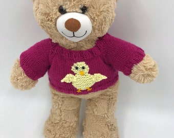 Teddy Bear Jumper in raspberry pink with a yellow Easter chick to fit Build a Bear or a 15 to 18 inch Bear