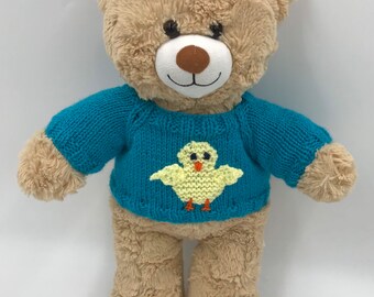 Teddy Bear Jumper in kingfisher blue with a yellow Easter chick to fit Build a Bear or a 15 to 18 inch Bear