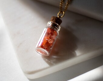 Red Agate Crystal Necklace | Dainty Fire Agate Chips | Tiny Bottle Pendant | September Birtstone | Gemini Zodiac Gemstone Jewelry