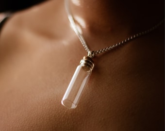 Fillable Bottle Pendant Necklace, Silver Initial Charm, Keepsake Vial
