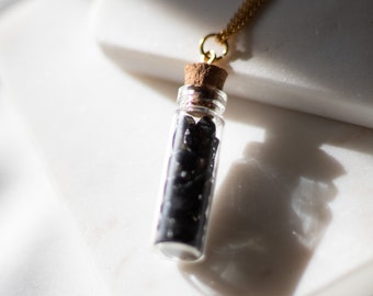 Onyx Chip Glass Bottle Pendant | Onyx Crystal Necklace | February Onyx Birthstone | Delicate Statement Neck Attire | Capricorn Gemstone