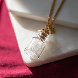 Clear Quartz Crystal Necklace | Quartz Crystal Filled Pendant | Potion Bottle Pendant | Customizable Letter Charm