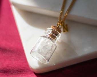 Clear Quartz Crystal Necklace | Quartz Crystal Filled Pendant | Potion Bottle Pendant | Customizable Letter Charm