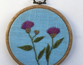 Handmade Common Knapweed Embroidery Hoop: Wildflower Wall Art