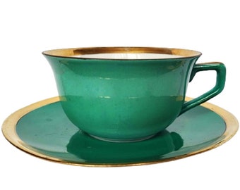 Belgian Porcelain Tea Cup and Saucer Set , Grassy Green and Gold Coffee Cup, Laeken Belgium, Vintage China Teacup Set