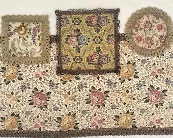 Vintage bloementapijt metallic kanten rand kleedjes en tafelloper set van 4 vierkante ronde brokaat kleedje tafelmatten Boho Home decor