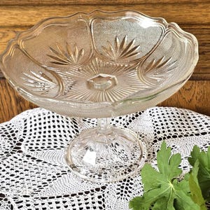 Vintage 1930s Pressed Glass Pedestal Compote Bowl Raised Decorative Motif Art Deco Footed Centerpiece Dish for Fruit Sweets Table Display