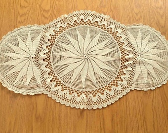 Vintage Crochet Table Runner, Off White Table Topper, Lace Oval Tablecloth, Hand Crocheted Dressing Scarf