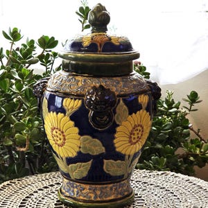 Vintage Italian Ceramic Ginger Jar with Lid, Large Pottery Pot, Lion Handles, Mediterranean Decor