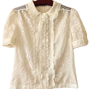 Vintage Miu Miu Cream Ruffle Blouse Silk Cotton Blend Short Sleeve Jacquard Puff Sleeve Romantic Feminine Button Up Designer Top Size IT 44