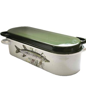 Vintage Enamel Fish Kettle Salmon Poacher Asparagus Baking Pan with Lid French Enamelware 60s 70s