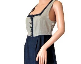 Dirndl Linen Dress, Plus Size Blue Gray German Trachten Dress, Oktoberfest Clothing, Bavarian Folk Dress, Size XL