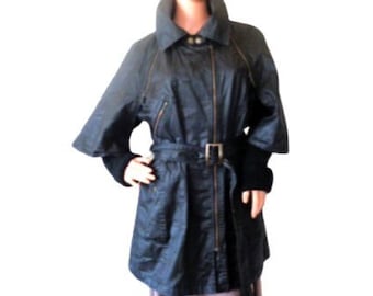 Abrigo vintage para mujer, gabardina de algodón negra con revestimiento, cortavientos, capa, chaqueta larga con cinturón y mangas dobles para otoño e invierno.