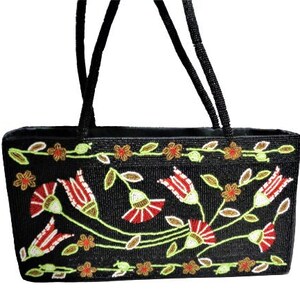 Vintage 70er Jahre Perlen Handtasche, Floral Geldbörse Schwarz Rot Grün Multi Farbe Perlen Abendtasche, Boho Boho Große Schultertasche