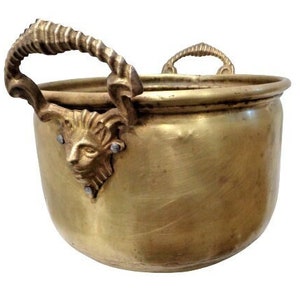 Vintage Brass Planter with Lion Head Handles, Large French Jardiniere, Round Flower Pot