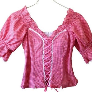 German Dirndl Blouse, Lace Up, Red gingham, Check Blouse, Puff Sleeve Top, Vintage Trachten, Oktoberfest Blouse, Traditional Bavarian Top