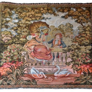 Verdure Tapestry Fabric, Medieval Couple in Garden, Woven Upholstery Jacquard fabric, Renaissance Textile, Belgium Tapestry
