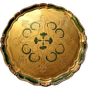Italian Florentine Tray, Green Gold Wooden Serving Tray, Vintage Vanity Tray, Hollywood Regency