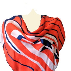 Vintage Red Blue Silk Scarf, Striped Head Scarf, Geometric Print Hair Scarf