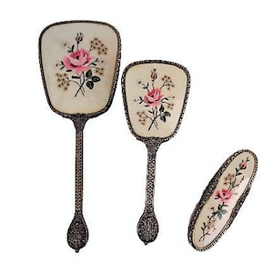 Regent of London Antique Brass Dresser Set with petit point embroidery Vanity Hand Mirror Handheld Hairbrush Clothes Brush Vintage Make Up