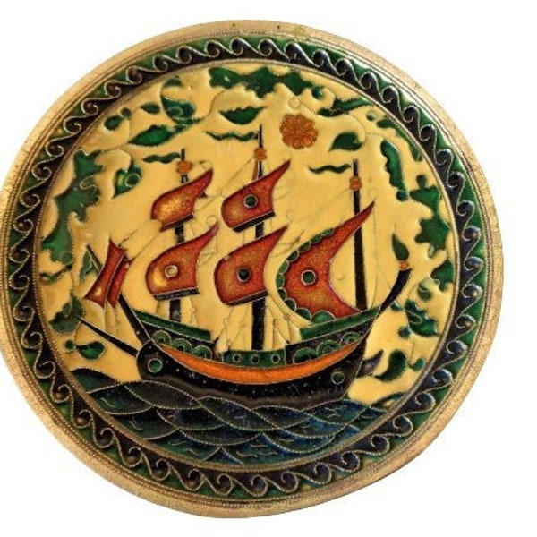 Sailing Ship Plate, Enamel over Bronze, Greek Brass Plate, Wall Hanging Decorative Plate, Made in Greece