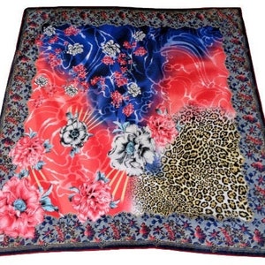 Vintage Silk Floral Scarf, Red Blue Head Scarf with Flowers and Leopard Print