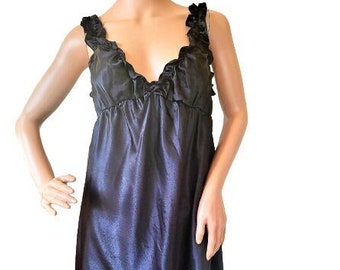 Vintage Oscar de la Renta Black Satin Slip Dress Nightgown Camisole Lingerie Ruffled Retro Bohemian