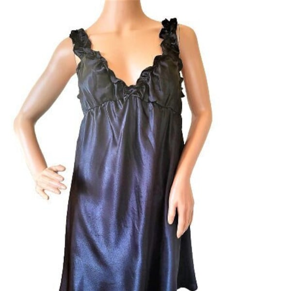 Vintage Oscar de la Renta Black Satin Slip Dress Nightgown Camisole Lingerie Ruffled Retro Bohemian