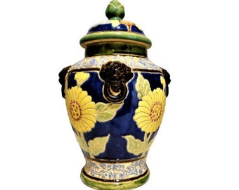 Frasco de jengibre vintage con tapa, olla de cerámica de cerámica italiana, urna grande con tapa, manijas de león, decoración mediterránea colorida