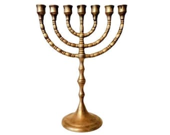 Brass Candle Holder with 7 Branches, Menorah Candle Holder, Jewish Candlestick Holder, Israel Menorah, Jerusalem Temple