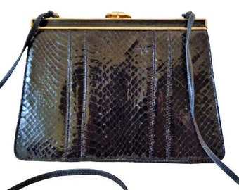 Vintage PALIZZIO Snakeskin Purse, Black Lizard Leather Handbag, Snake Skin Evening Shoulder Bag