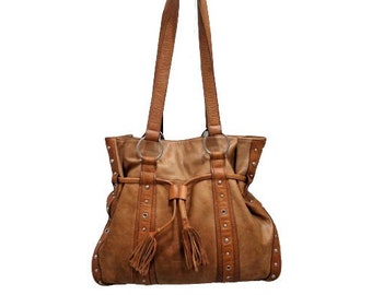 Tan Brown Leather Drawstring Bucket Shoulder Bag Tassels Purse Marta Ponti Vintage Italian Leather Handbag Etsy