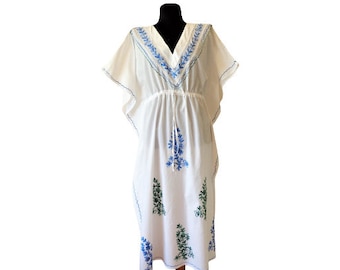 Cotton Kaftan, White Caftan Dress, Embroidered Kimono Robe, Made in India