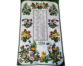 Theedoek kalender 1984, gebloemde theedoek, muurhangende stoffen handdoek, idee verjaardagscadeau