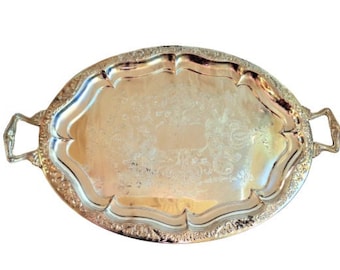 Vintage Silver Plated Serving Tray, mid century bar tray, Large Tray with Handles, Made in England