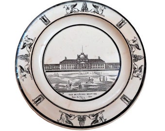 Antique French Ceramic Plate, Champ de Mars Paris Ecole Militaire, P & H, Black White Transferware, 1800s