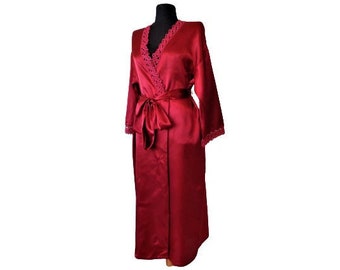 Vintage Dressing Gown, Red Satin Women's Robe, Wrap House Dress, Bridesmaid Dress, True Vintage Robe Dress, Plus Size