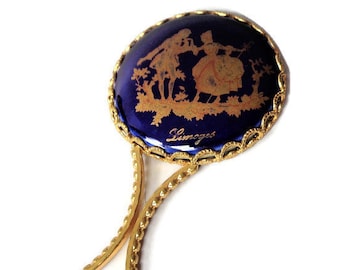 希少　1900年頃　フランス　LOYS LUCHA　アンティーク手鏡　金魚 彫金 LIMOGES France Handheld Pocket Mirror, Gold Blue Cobalt China