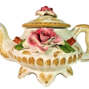 Porcelain Vase with Lid Teapot Shaped, Bassano Ceramic, Italian Pottery, Capodimonte Style Italy