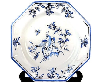 Bird Wall Plate, Blue White Chinoiserie Plate, French Faience Ceramic, Signed Art