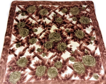 Vintage 60s Satin Scarf Brown Green Rose Floral Neckerckief Head Scarf