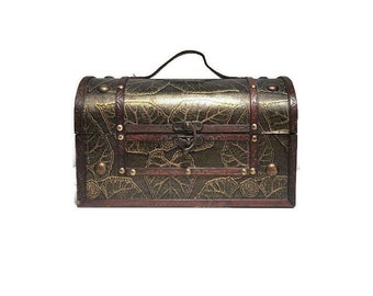 Hölzerne Schatzkiste, Leder eingewickelt, große Schmuckbox mit Klappdeckel, rustikale Holzkiste, Andenken Vintage Aufbewahrungsbox, Steampunk