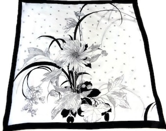 Vintage Floral Scarf, Black White Scarf, Floral Print Head Scarf