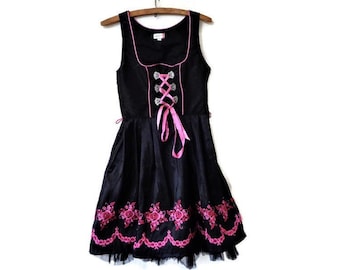Geborduurde dirndl-jurk, zwartroze bloemenjurk, jurk Duits bier, Oktoberfestkleding, Beierse volksjurk, maat DE 34 / US 4