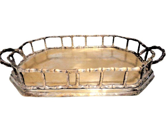 Vintage Brass Bamboo Tray With Handles, Antique Metal Drink Tray